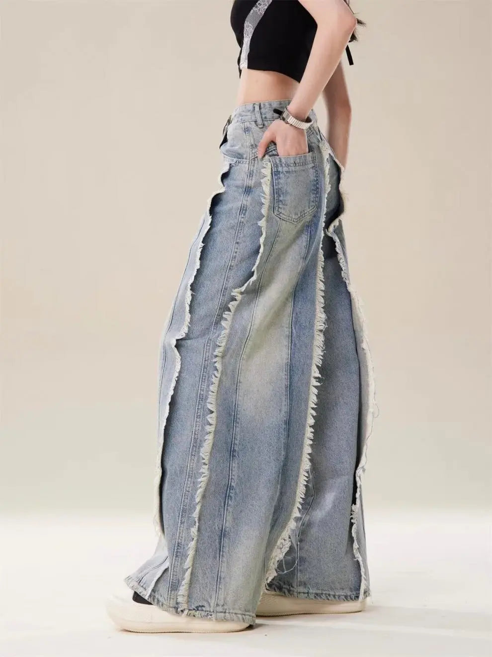 Jeans Destroyed Loose Burrs Wide Leg Bootcut Pants kuppan