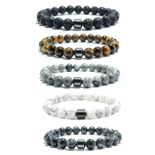 Men's 8mm Natural Stone Beaded Bracelet (Tiger Eye, Lava)